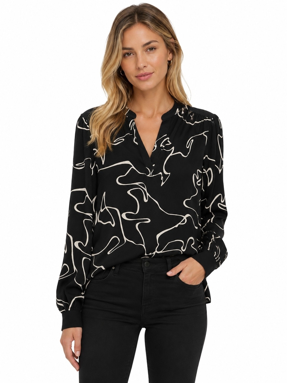 2/$12 RW&CO. Black Blous Abstract Line Print